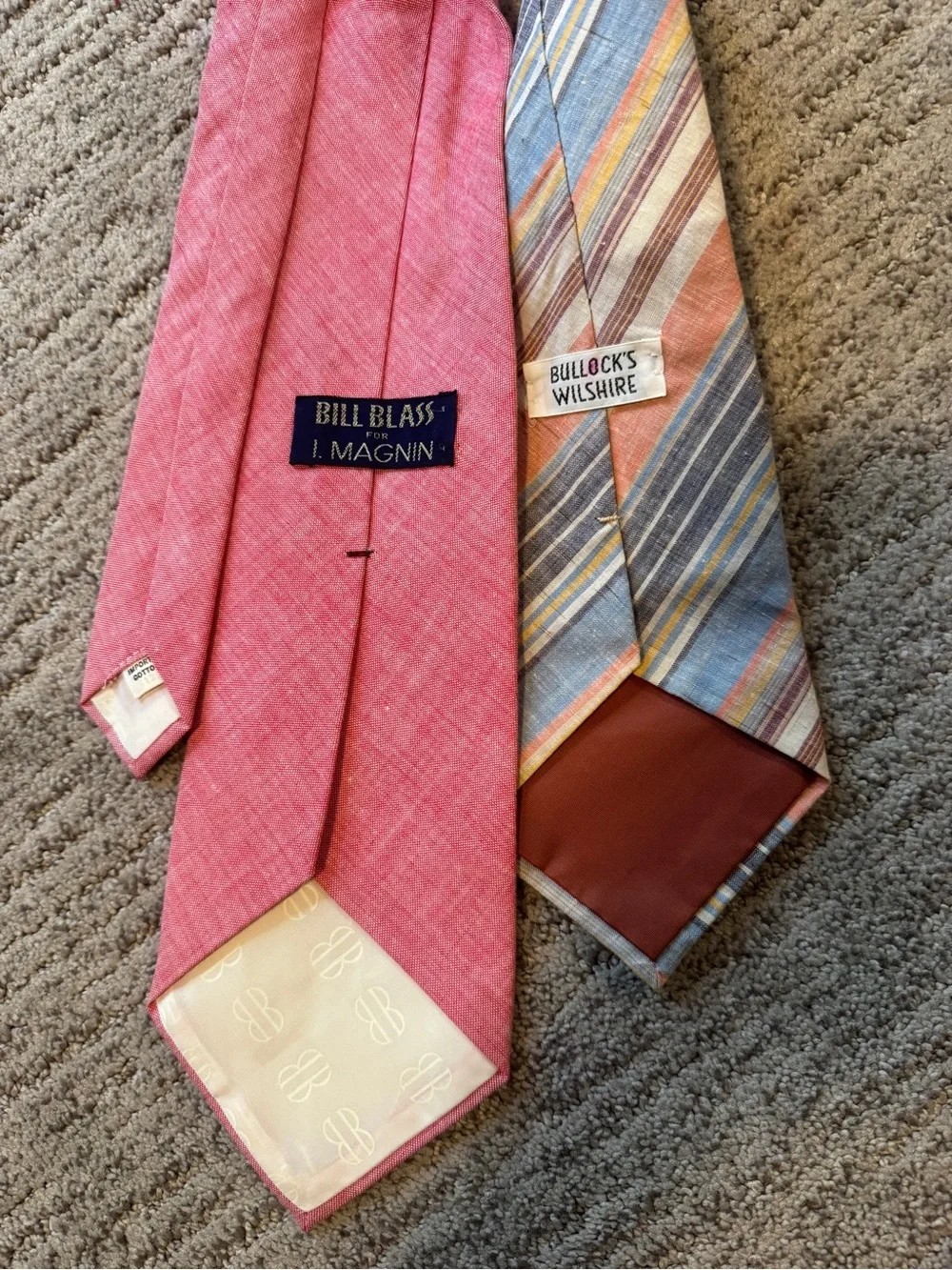 Two Vintage 70s Cotton Wide Neck Ties - Coral Red and Multicolor Striped
